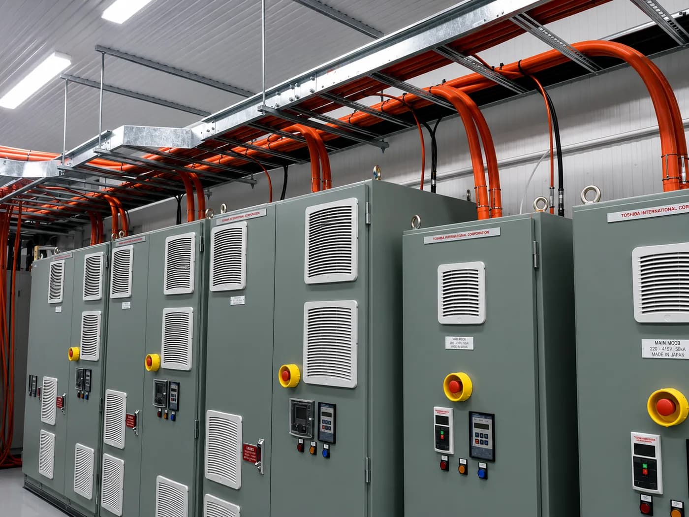 A row of industrial control panels and motor switchboards with overhead orange circular cables in a new plant room