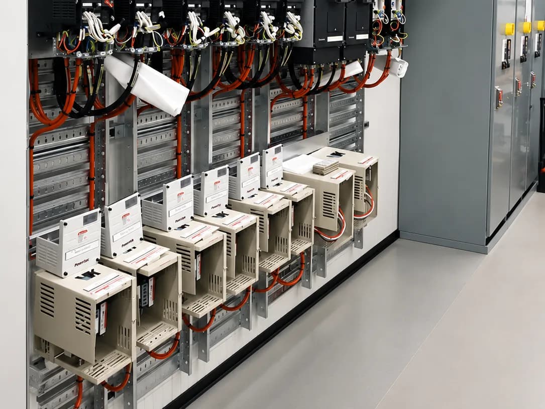 Variable speed drives mounted on a switchroom wall with cable tray and orange power cabling above